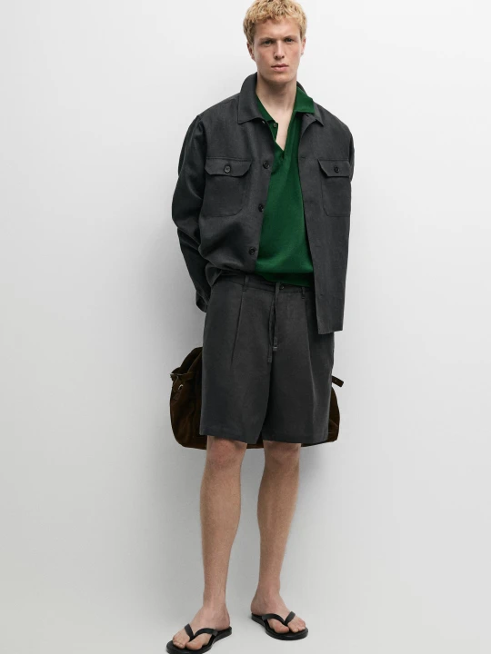Zdjęcie produktu Lniane Bermudy Z Gumką W Pasie – Total Look - Szmaragdowoniebieski - - Massimo Dutti - Mężczyzna