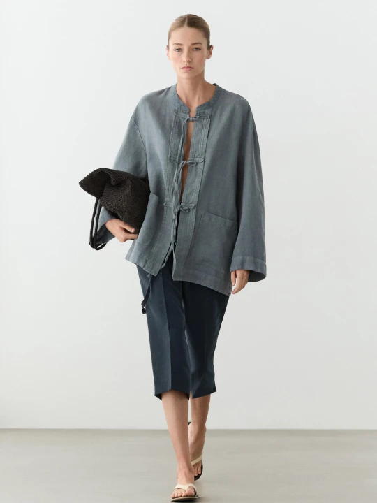 Zdjęcie produktu Dwurzędowa Kurtka Z Wiązaniem Ze 100% Len - Niebieski - Massimo Dutti - Female