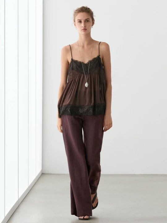 Zdjęcie produktu Lniane Spodnie Dzwony Ze Średnim Stanem - Bordowy - Massimo Dutti - Female
