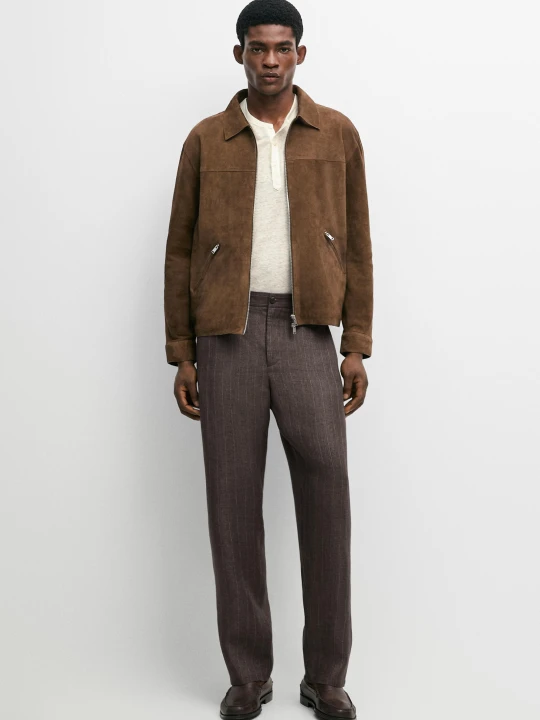 Zdjęcie produktu Lniane Spodnie W Paski O Prostym Kroju - Brązowy - Massimo Dutti - Male