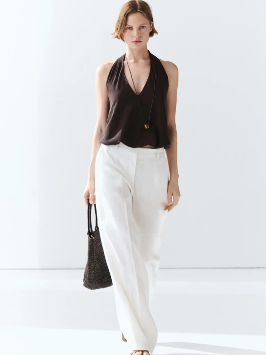 Zdjęcie produktu Lniane Spodnie Z Zakładkami - Biały Złamany - Massimo Dutti - Female
