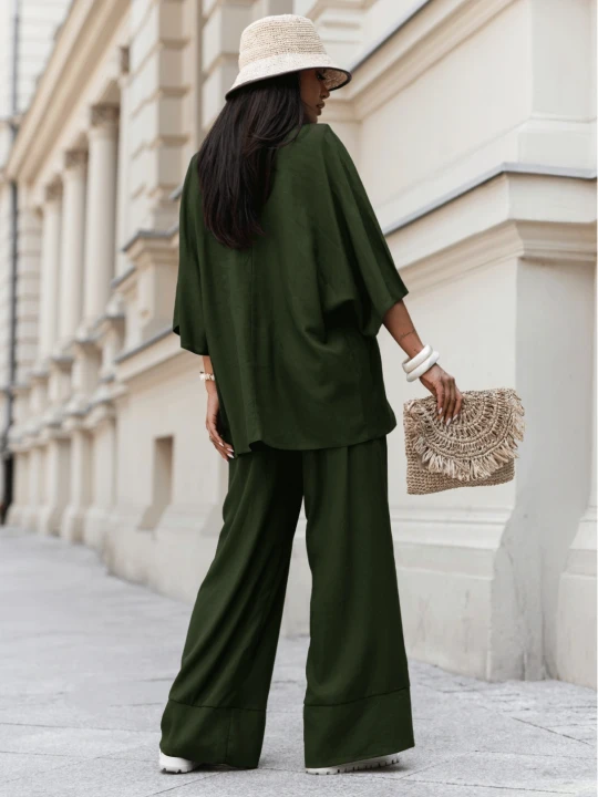 Zdjęcie produktu Lniany komplet 2w1 z szerokimi spodniami SHEILA - khaki  magmac 