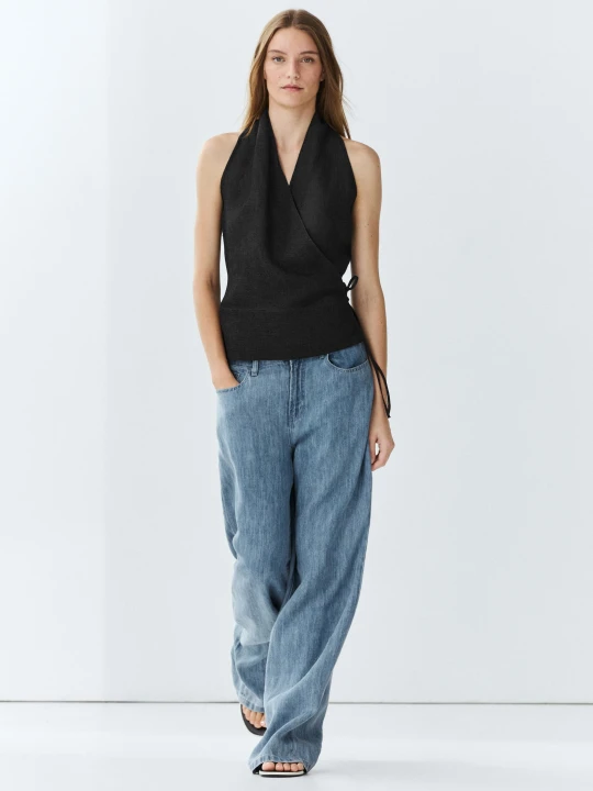 Zdjęcie produktu Lniany Top Z Dekoltem Halter I Wiązaniem - Pastelowy Niebieski - Massimo Dutti - Female