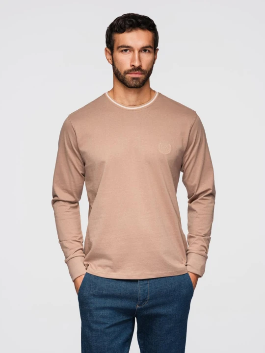 Zdjęcie produktu Longsleeve bawełniany męski z dekoltem U w paski i haftem – brązowy V6 - Rozmiar: XXL Ombre Clothing