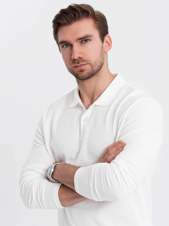 Zdjęcie produktu Longsleeve męski BASIC z kołnierzykiem polo – biały V1 - Rozmiar: XL Ombre Clothing