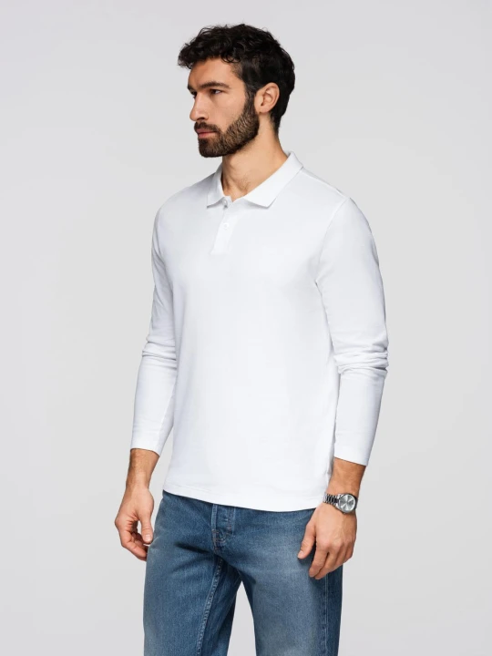 Zdjęcie produktu Longsleeve męski BASIC z kołnierzykiem polo – biały V1 - Rozmiar: XXL Ombre Clothing
