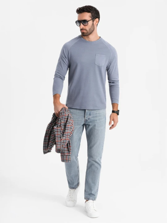 Zdjęcie produktu Longsleeve męski bawełniany o waflowym splocie z kieszonką – niebieski denim V8 - Rozmiar: XL Ombre Clothing