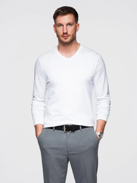 Zdjęcie produktu Longsleeve męski bez nadruku z dekoltem w serek - biały V3 - Rozmiar: XXL Ombre Clothing