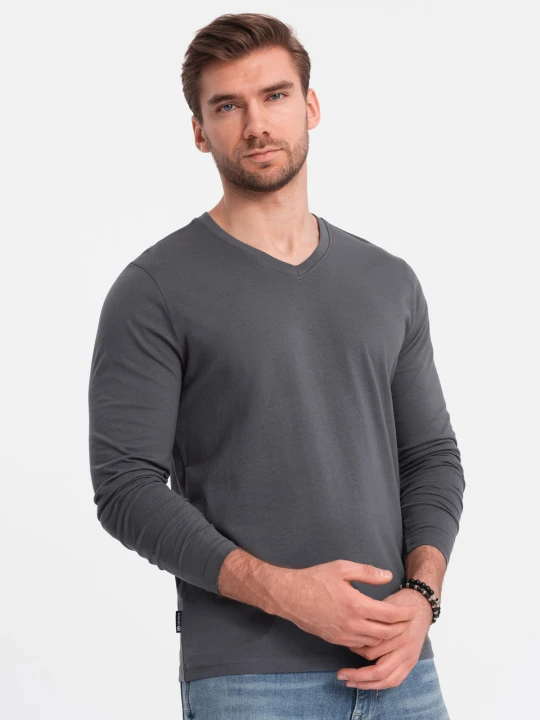 Zdjęcie produktu Longsleeve męski bez nadruku z dekoltem w serek - grafitowy V4 - Rozmiar: XXL Ombre Clothing