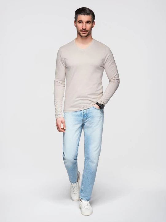 Zdjęcie produktu Longsleeve męski bez nadruku z dekoltem w serek - jasnobeżowy V1 - Rozmiar: XL Ombre Clothing