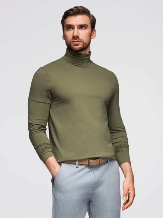 Zdjęcie produktu Longsleeve męski gładki z golfem - ciemnooliwkowy V4 - Rozmiar: M Ombre Clothing ciemneoliwkowe