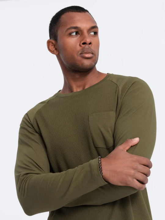 Zdjęcie produktu Longsleeve męski o strukturze "wafla" - oliwkowy V3 Ombre Clothing