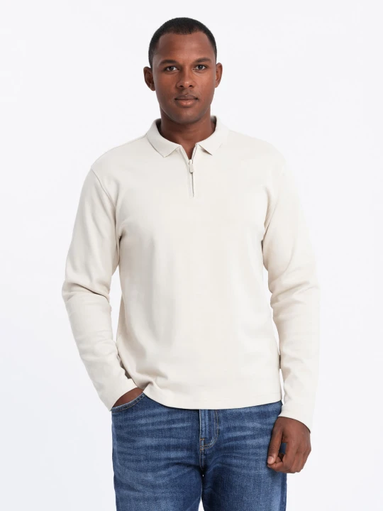 Zdjęcie produktu Longsleeve męski polo z zapinanym na zamek kołnierzykiem – kremowy V3 Ombre Clothing