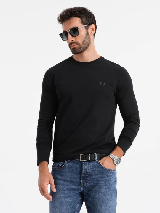 Zdjęcie produktu Longsleeve męski SLIM FIT z elastanem i printem – czarny V1 - Rozmiar: XXL Ombre Clothing