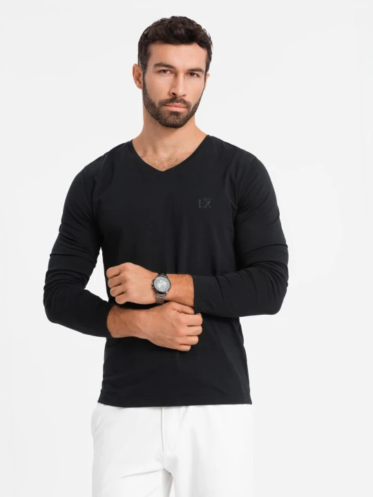 Zdjęcie produktu Longsleeve męski V-neck SLIM FIT z elastanem i printem – czarny V1 - Rozmiar: M Ombre Clothing