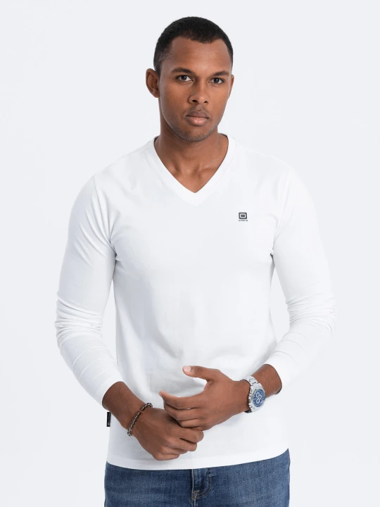 Zdjęcie produktu Longsleeve męski z elastanem sygnowany z dekoltem w serek - biały V1 - Rozmiar: L Ombre Clothing