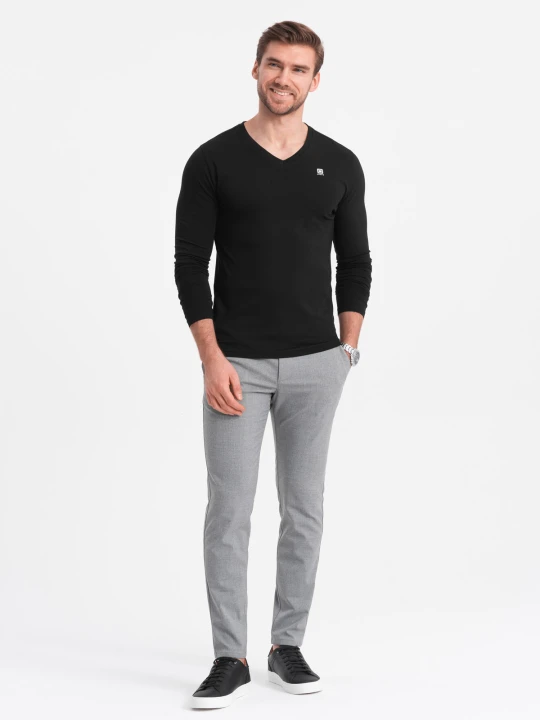 Zdjęcie produktu Longsleeve męski z elastanem sygnowany z dekoltem w serek - czarny V3 - Rozmiar: XL Ombre Clothing