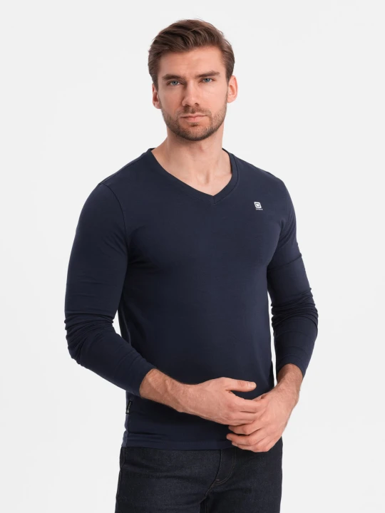 Zdjęcie produktu Longsleeve męski z elastanem sygnowany z dekoltem w serek - granatowy V2 - Rozmiar: XL Ombre Clothing