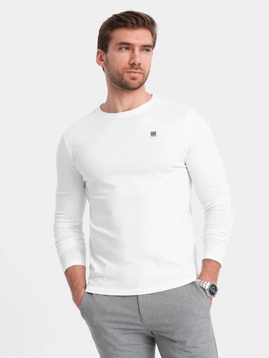 Zdjęcie produktu Longsleeve męski z elastanem sygnowany z okrągłym dekoltem - biały V1 - Rozmiar: XL Ombre Clothing