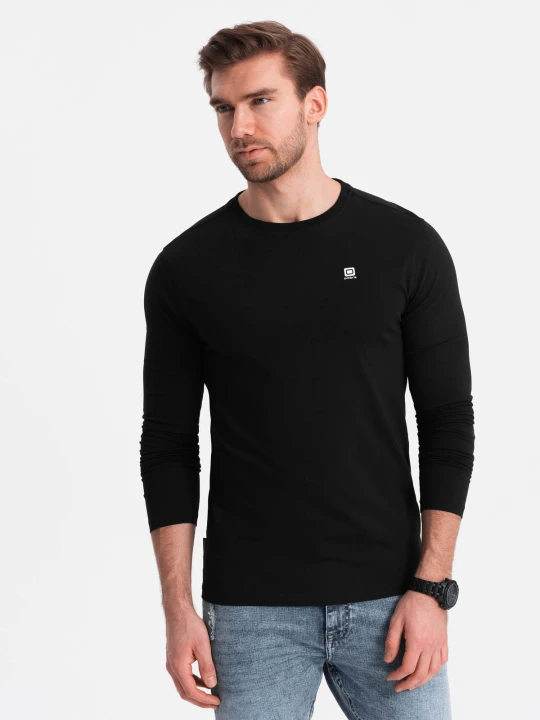 Zdjęcie produktu Longsleeve męski z elastanem sygnowany z okrągłym dekoltem - czarny V3 - Rozmiar: L Ombre Clothing