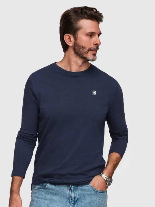 Zdjęcie produktu Longsleeve męski z elastanem sygnowany z okrągłym dekoltem - granatowy V2 - Rozmiar: XL Ombre Clothing