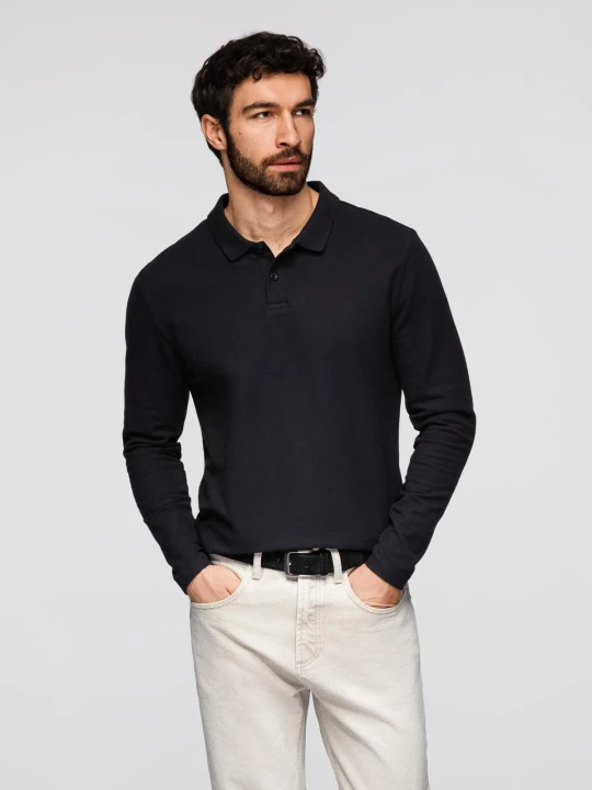 Zdjęcie produktu Longsleeve męski z kołnierzykiem polo BASIC – czarny V2 - Rozmiar: S Ombre Clothing