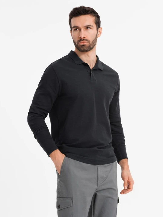 Zdjęcie produktu Longsleeve męski z kołnierzykiem polo BASIC – czarny V2 - Rozmiar: XXL Ombre Clothing