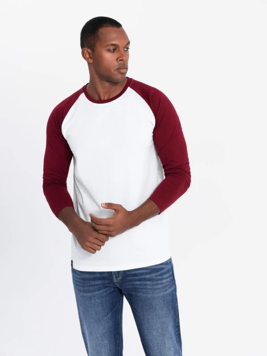 Zdjęcie produktu Longsleeve męski z kontrastowymi raglanowymi rękawami – biało-bordowy V2 - Rozmiar: L Ombre Clothing