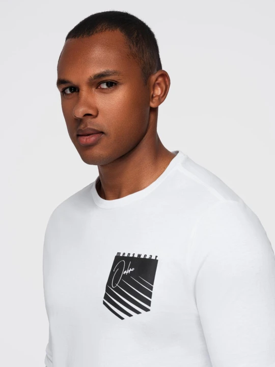 Zdjęcie produktu Longsleeve męski z printem w kształcie kieszonki - biały V1 Ombre Clothing