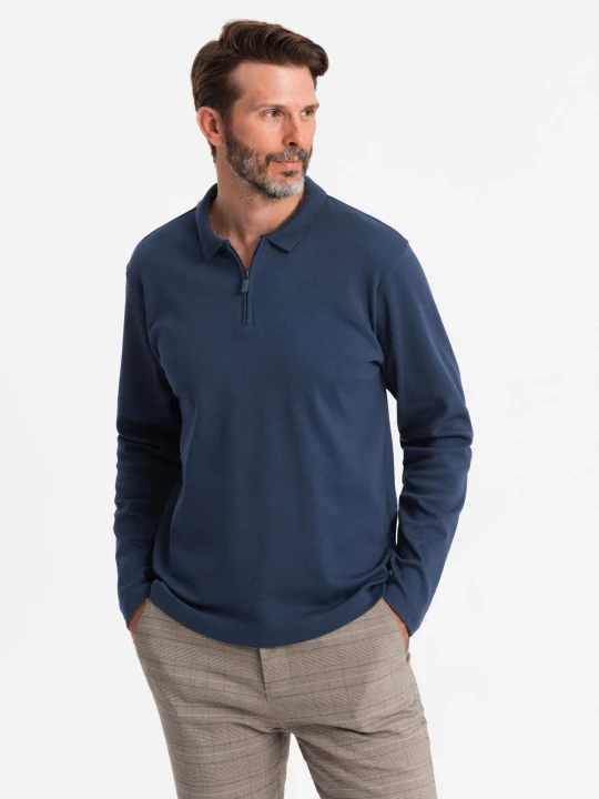 Zdjęcie produktu Longsleeve polo męski z zapinanym na zamek kołnierzykiem – granatowy V7 Ombre Clothing