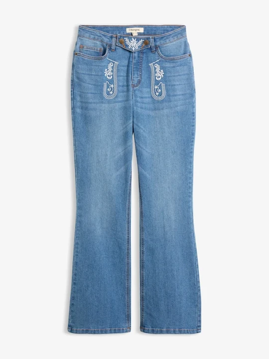 Zdjęcie produktu Ludowe jeansy bootcut, mid waist, z haftem BonPrix niebieski