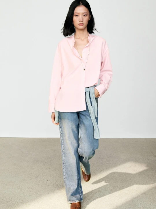 Zdjęcie produktu Luźna Bawełniana Koszula Ze Stójką - Glinkowy - - Massimo Dutti - Female