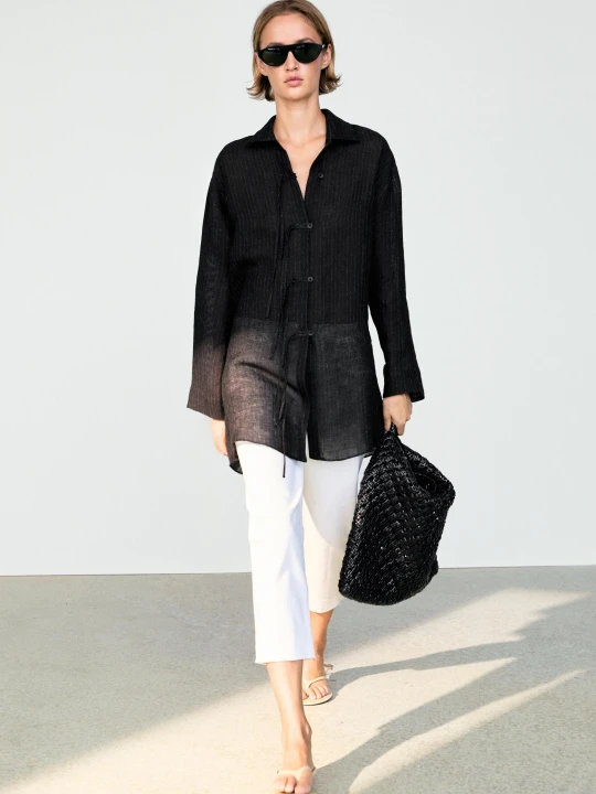 Zdjęcie produktu Luźna Bluzka W Paski Z Mieszanki Lnu Z Guzikami - Czarny - - Massimo Dutti - Female