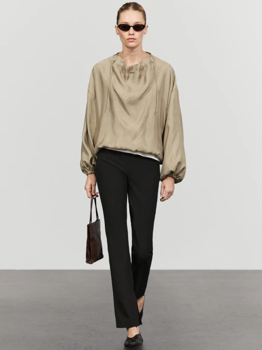 Zdjęcie produktu Luźna Bluzka Ze Sznurkiem Przy Dekolcie - Popielaty - Massimo Dutti - Female