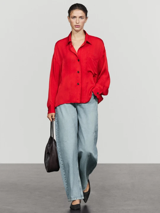 Zdjęcie produktu Luźna Koszula Oversize Z Kieszenią - Czerwony - Massimo Dutti - Female