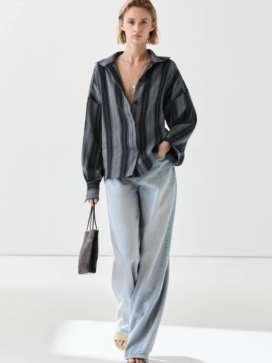 Zdjęcie produktu Luźna Koszula W Paski Z Mieszanki Lnu I Bawełny - Niebieski - Massimo Dutti - Female