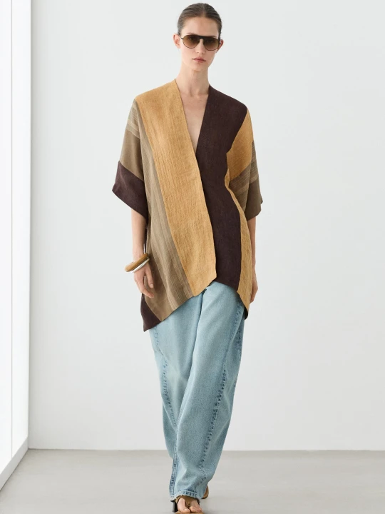 Zdjęcie produktu Luźna Peleryna W Paski Z Mieszanki Lnu - Jansy Khaki - Massimo Dutti - Female