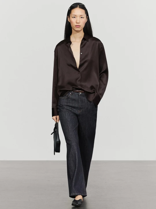 Zdjęcie produktu Luźna Satynowa Koszula - Czekoladowy - Massimo Dutti - Female