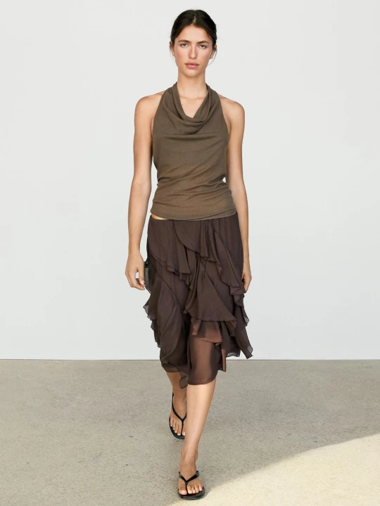Zdjęcie produktu Luźna Spódnica Midi Z Falbanami - Czekoladowy - Massimo Dutti - Female