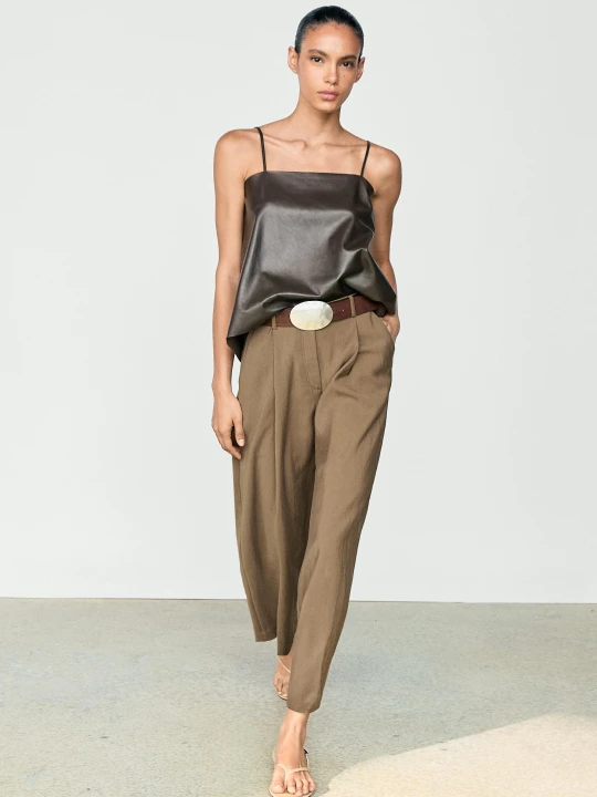 Zdjęcie produktu Luźne Spodnie Z Szerokimi Nogawkami Typu Cropped - Średni Khaki - Massimo Dutti - Female