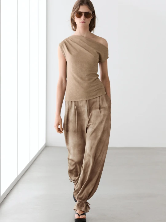 Zdjęcie produktu Luźne Spodnie Z Wiązanymi Nogawkami - Beżowy - Massimo Dutti - Female