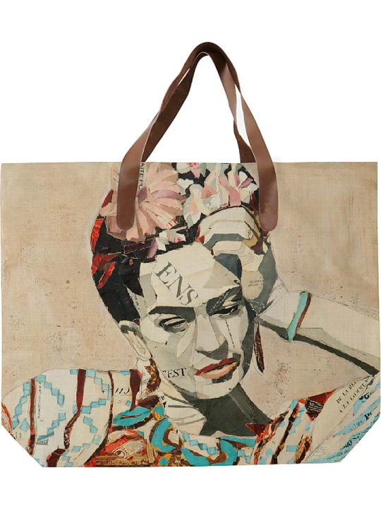 Zdjęcie produktu Madre Selva Shopper bag "Frida Collage" w kolorze beżowym ze wzorem - 55 x 40 cm rozmiar: onesize