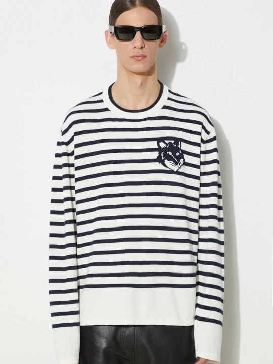 Zdjęcie produktu Maison Kitsuné sweter bawełniany Fox Head Intarsia Comfort Striped Jumper