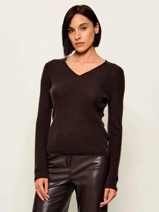 Zdjęcie produktu Marc Cain Wełniany sweter | Slim Fit | z dodatkiem kaszmiru brązowy