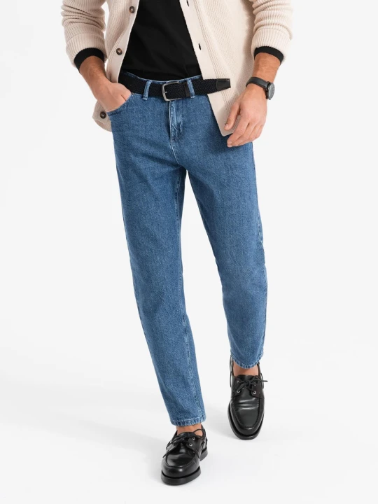 Zdjęcie produktu Marmurkowe spodnie męskie jeansowe CARROT FIT – ciemnoniebieskie V2 - Rozmiar: XXL Ombre Clothing