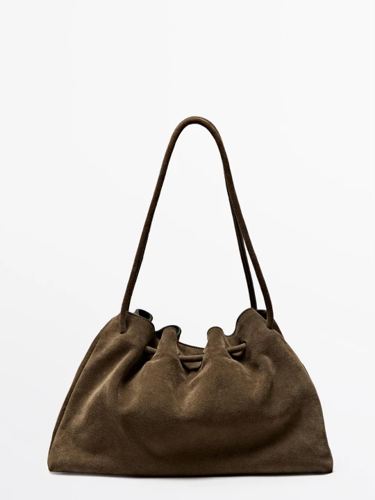 Zdjęcie produktu Marszczona Torebka Z Zamszu - Szarobrązowy - Massimo Dutti - Female