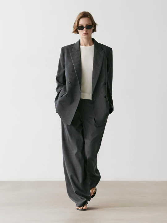 Zdjęcie produktu Marynarka Garniturowa W Prążki Z Mieszanki Wełny - Szary - Massimo Dutti - Female