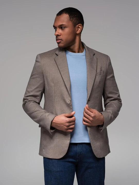 Zdjęcie produktu Marynarka męska casual w delikatną kratkę - brązowa V1 - Rozmiar: S Ombre Clothing