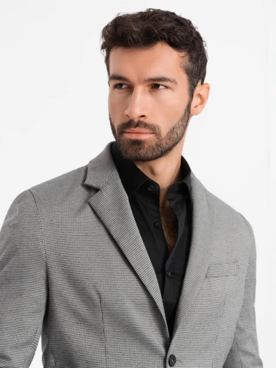 Zdjęcie produktu Marynarka męska casual w delikatną kratkę - szara V2 - Rozmiar: L Ombre Clothing