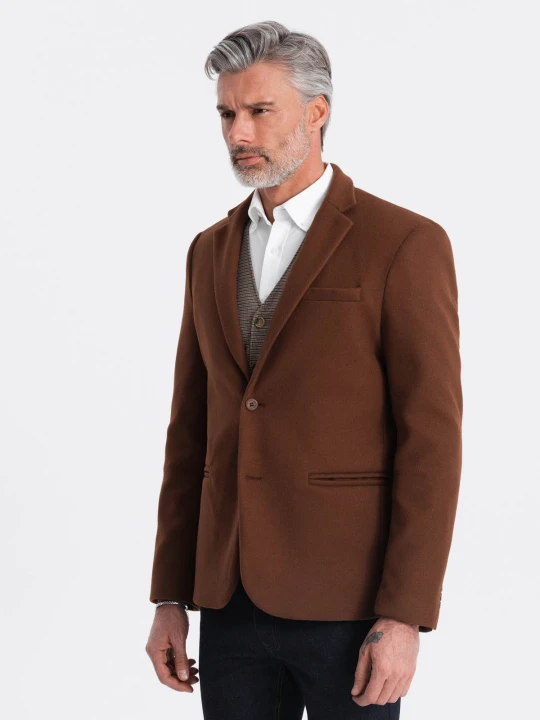 Zdjęcie produktu Marynarka męska casual z ozdobnymi guzikami na mankietach - czekoladowy brąz V1 - Rozmiar: L Ombre Clothing brązowy